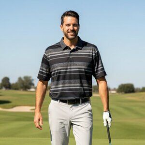 PGA TOUR Men Golf Performance Short Sleeve Gray /Black/Blue Stripe Polo Shirt, L